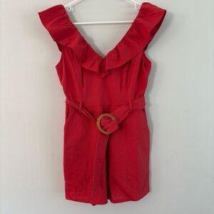 Lush NWT Red Orange Ruffled V-Neck Belted Romper - Size Small